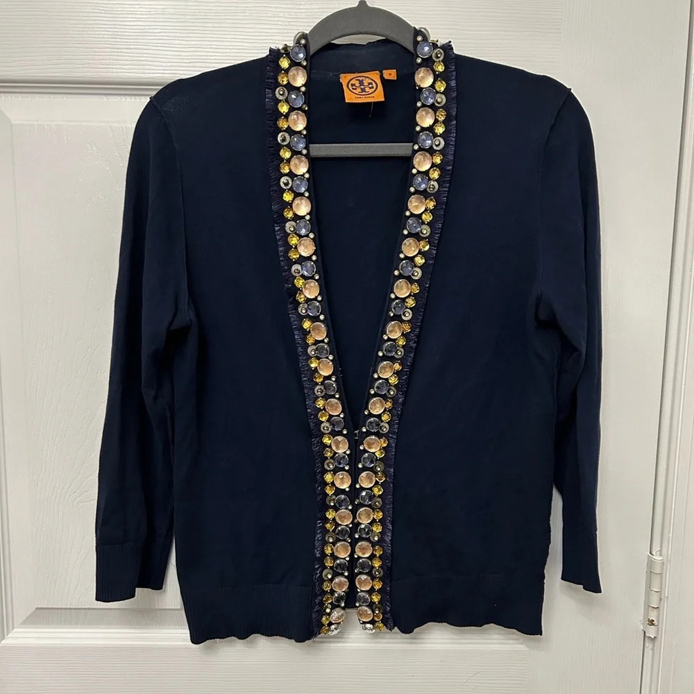 ! Tory Burch navy blue beads cardigan size M